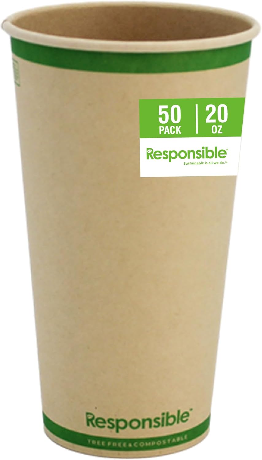 Certified Compostable 20 oz Paper Cups, Cold & Hot Coffee Cups, Disposable Paper Cups, Extra Strength Disposable Cups, Made without PFAS (50 count)