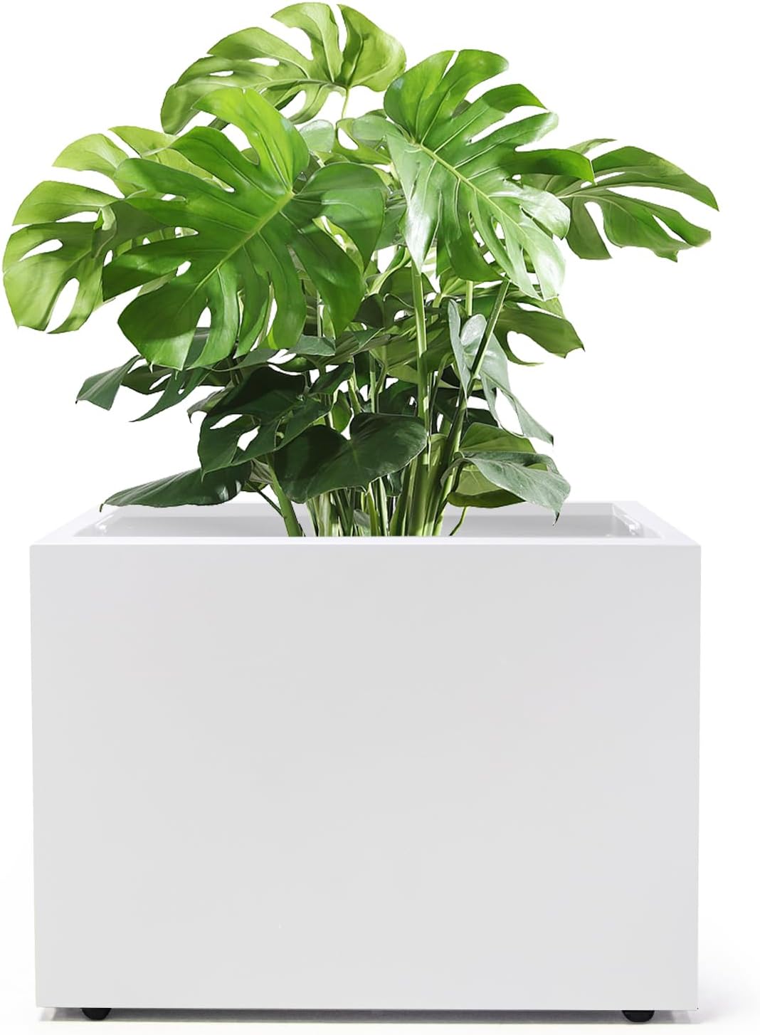 Metal Planter Box Rectangular Block-No Installation Required Galvanized Steel Long Box Planter Modern Outdoor Planters All-Weather Use with Drainage Holes for Patio/Porch,16 ×12×12IN(White)