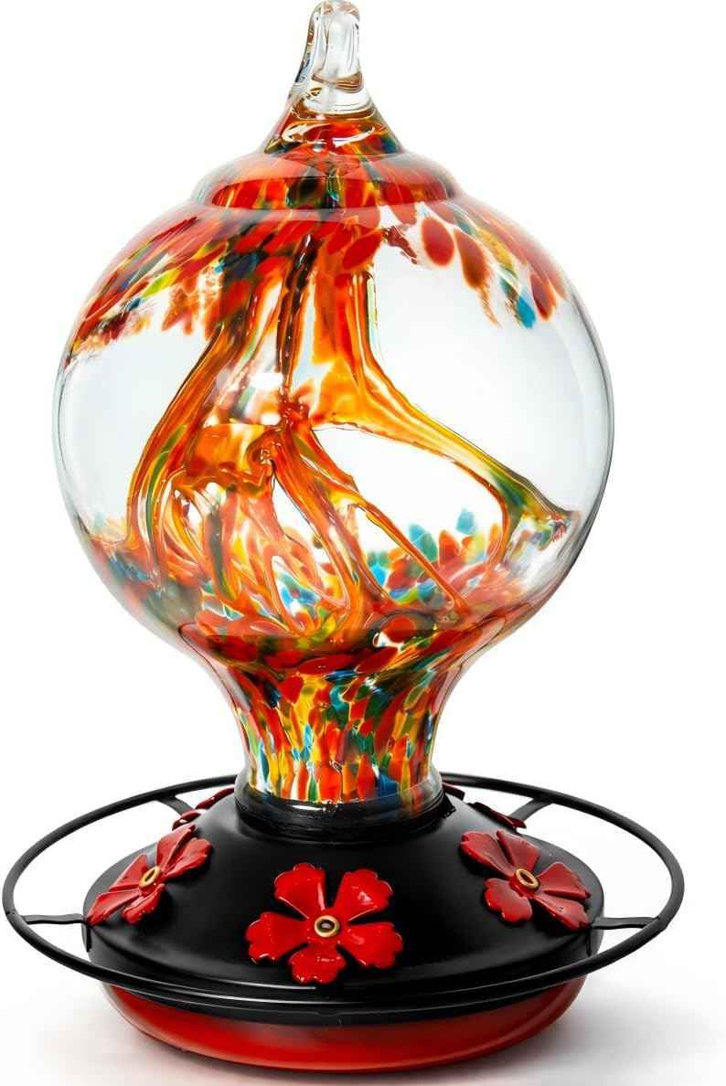 Hummingbird Feeder for Outdoors Hanging, 34 Oz, Hand Blown Gift Inner Glass Décor for Garden, Ant Moat & Bee-Resistant Ports, Decoration Stained Humming Bird Feeders, Sunset Red