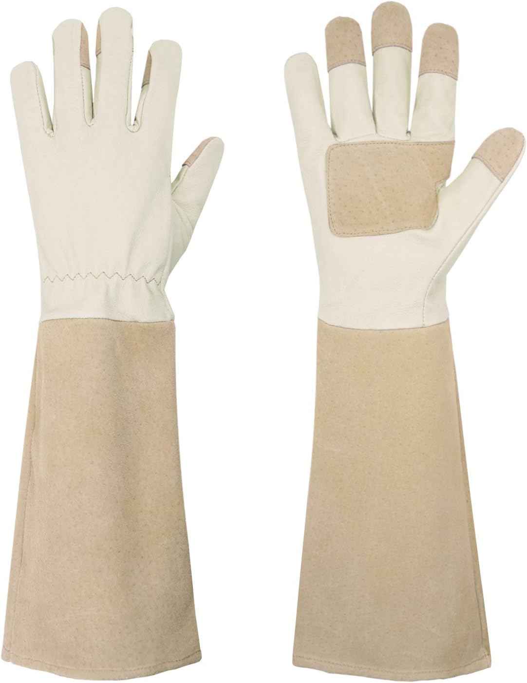 HANDLANDY Pruning Gloves Long for Men & Women, Pigskin Leather Rose Gardening Gloves- Breathable & Durability Gauntlet Gloves