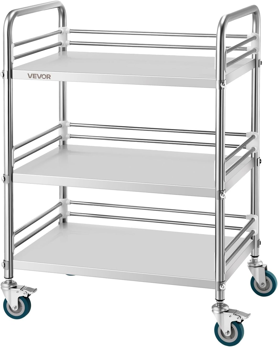 VEVOR Stainless Steel Rolling Cart, 3-Tier Metal Utility Cart with Lockable Wheels, Medical Serving Trolley Clinic Tray, Mobile Service Cart for Hospital, Lab, Restaurant, Kitchen, Salon - Field & Nook