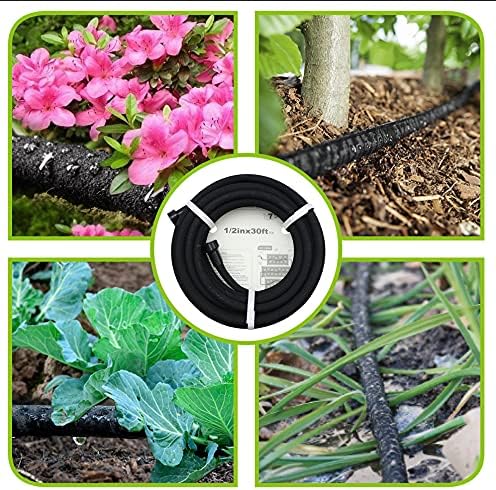 Soaker Hose 100ft - 1/2 Round Rubber Garden Soaker Hoses Kit, Heavy Duty Irrigation Drip Hose, Water Seeper Soaking Hose for Gardens, Flower Beds And Lawn Yard