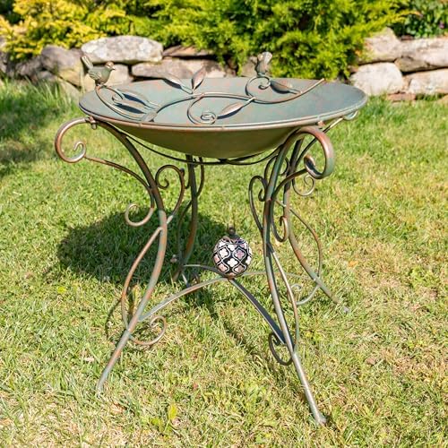 Zaer Ltd. Deep Metal Birdbath with 2 Cast Iron Birds on Rim, Branch and Leaf Detail in Basin, and Porcelain Ball Accent Decoration on Stand (Aged Bronze)