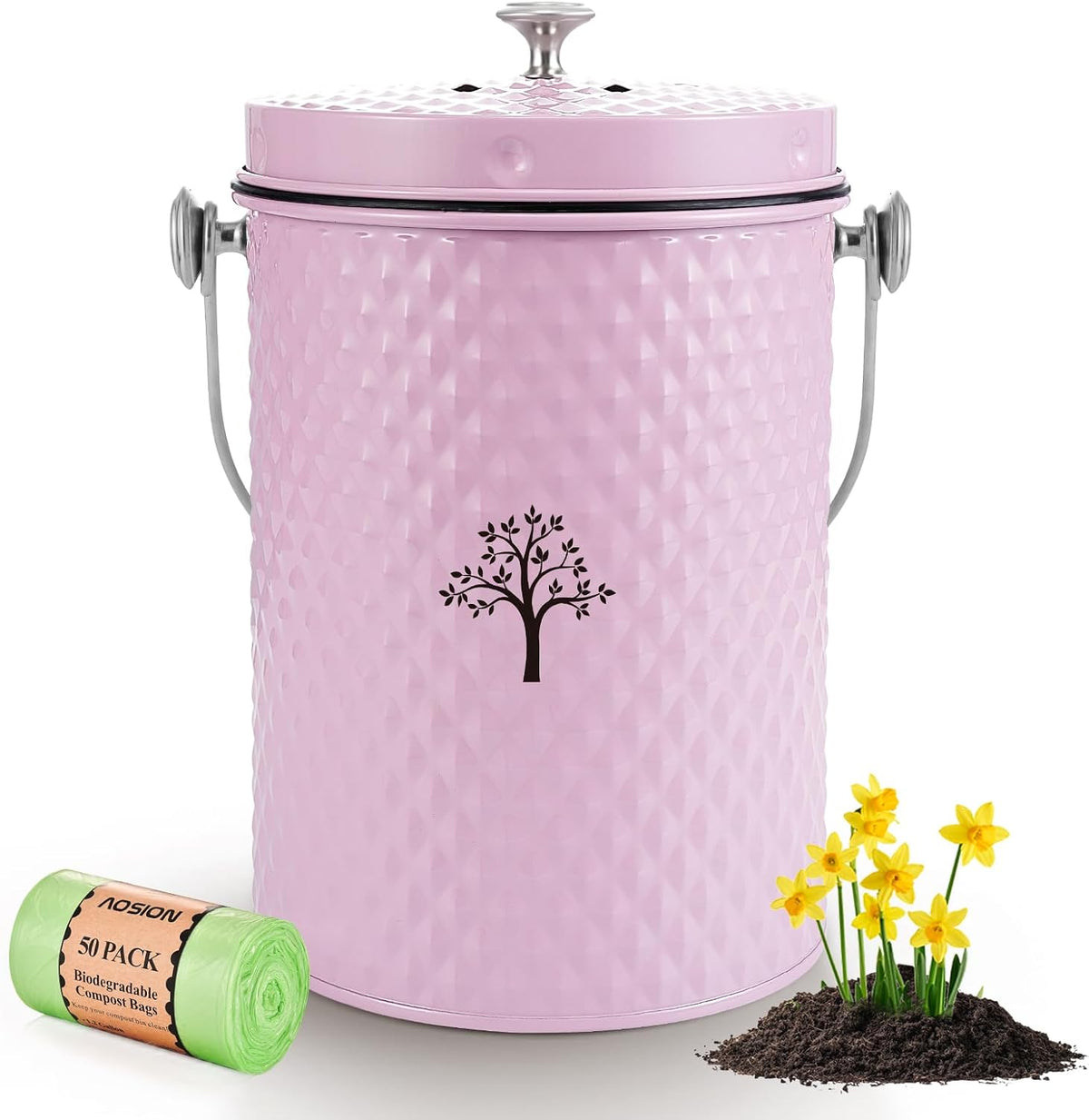 AOSION Countertop Compost Bin Kitchen,Odorless Indoor Compost Bin with Lid and Compost Bags,Compost Bucket Composter Container for Food Waste,Pink