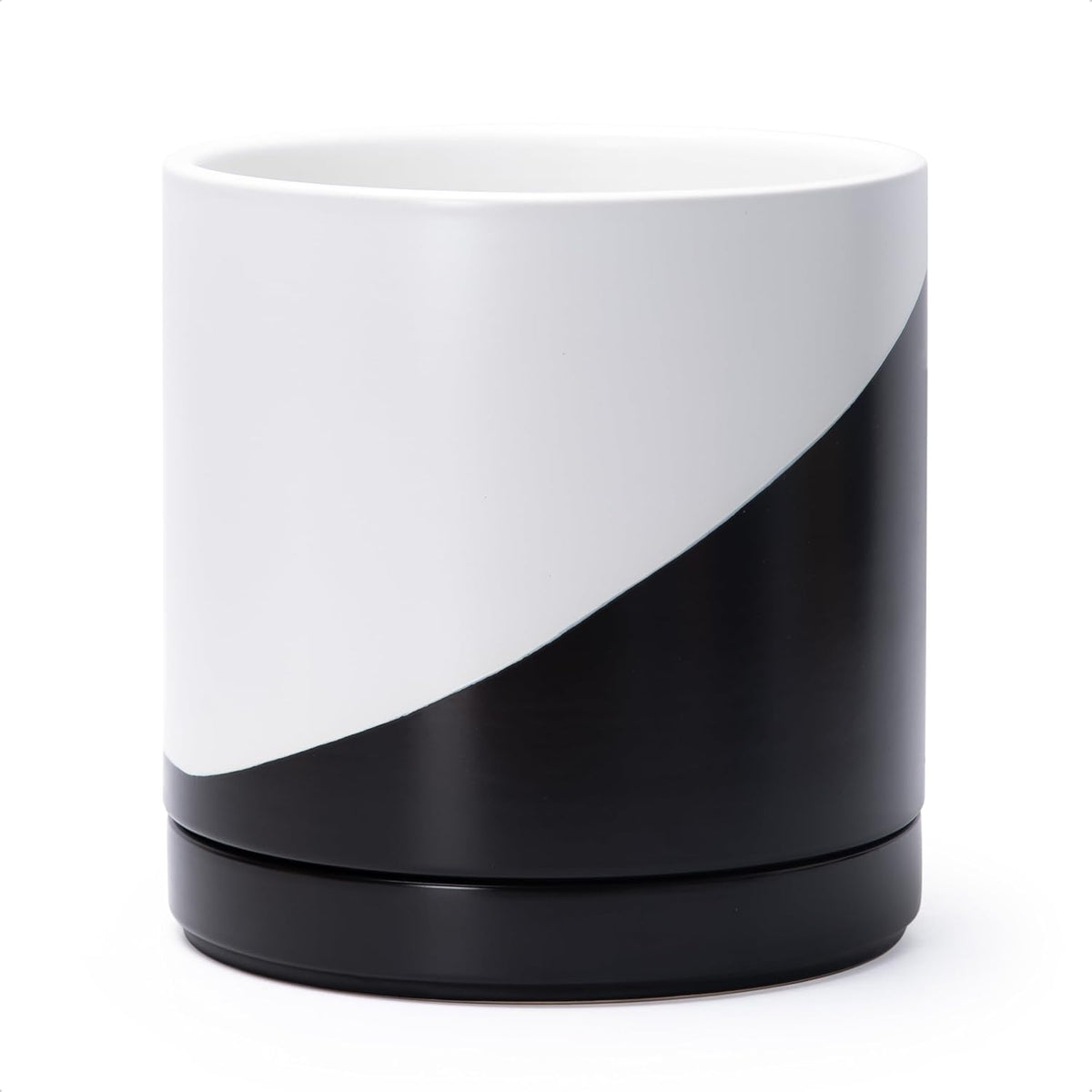 D'vine Dev 10 Inch Ceramic Planter Pot with Drainage Hole and Saucer, Indoor Cylinder Round Planter Pot, Oblique Monochrome Black and White, 94-O-E-K