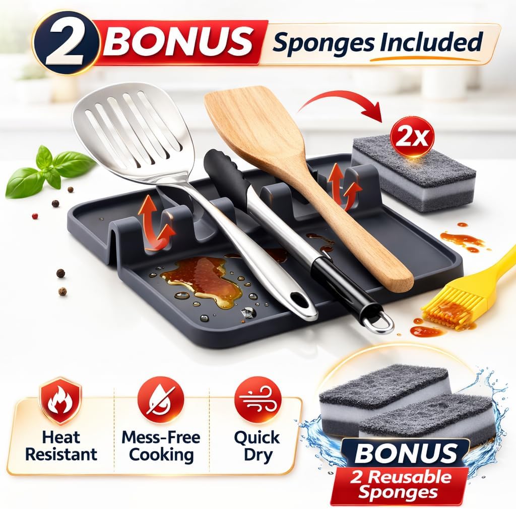 4-Slot Silicone Utensil Rest with Drip Pad – Black