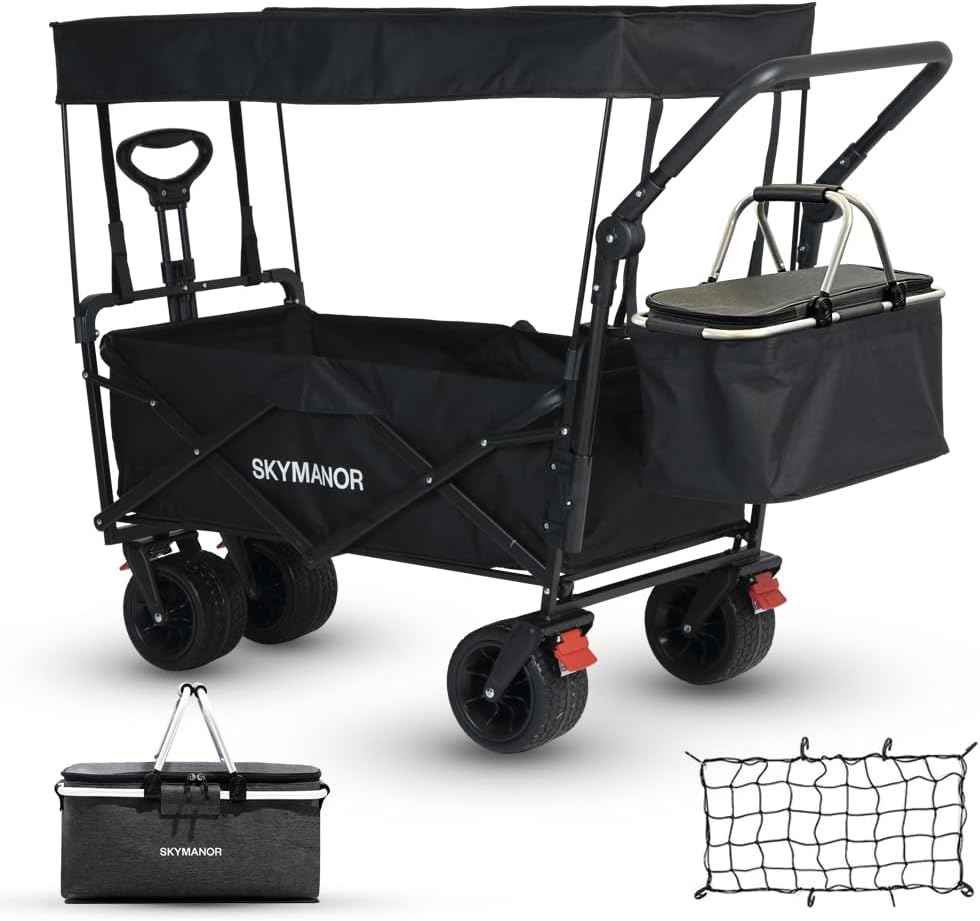 SKYMANOR Collapsible Wagon with Removable Canopy, 3-in-1 Heavy Duty Garden Cart with Big All-Terrain Wheels, Brakes, Adjustable Push Pull Handle, Cooler Bag, 300LBS Wagon Cart for Camping (Black)