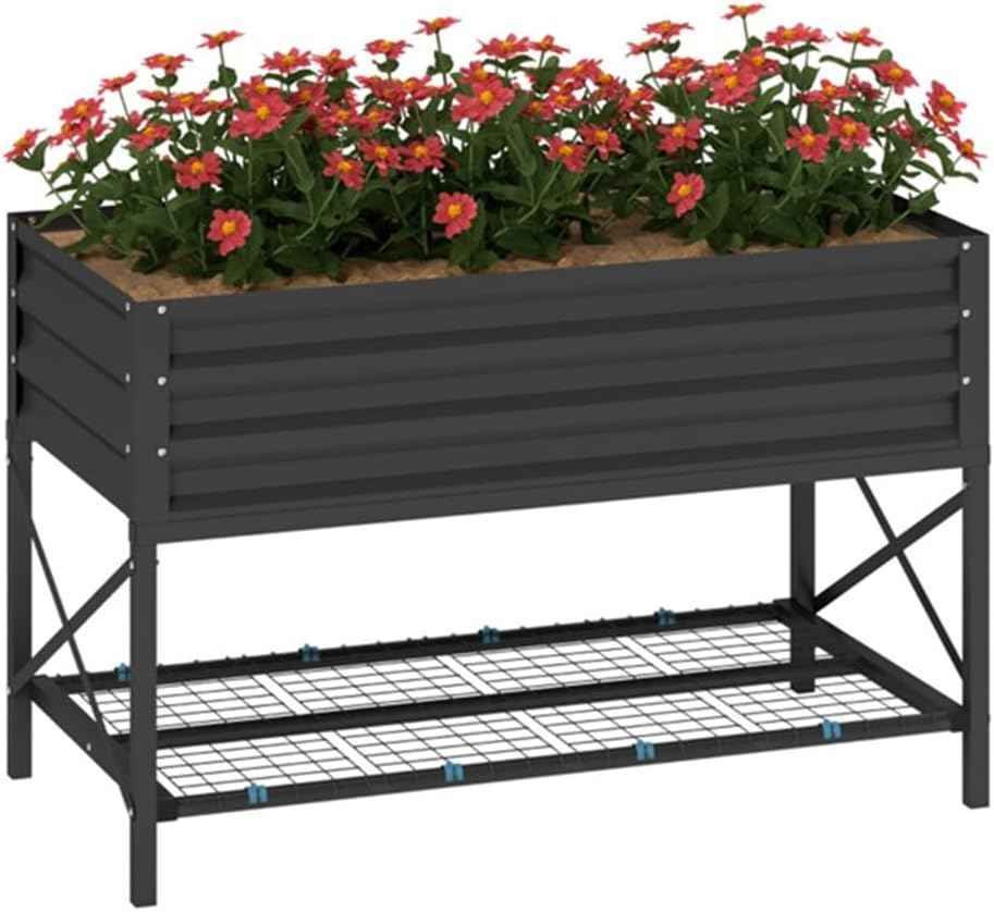 Elevated Metal Raised Planter with Shelf, 41" Galvanized Steel Garden Bed, Ergonomic Height for Outdoor Gardening, Balcony(Dark Gray)