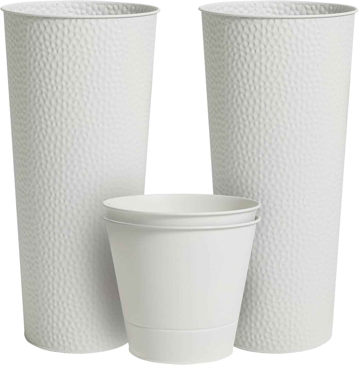 Worth Garden 2-Pack 28" H. Metal Planter with 2X Inside Pots - Hand-Hammered Texture Tall Cone Plant Pots - Large Handcrafted Flower Pot for Indoor Outdoor, Deck, Patio, Front Porch - White