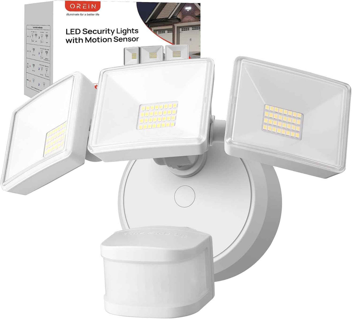 OREiN 6500LM/42W Flood Lights Outdoor, 180°/75FT Motion Sensor Outdoor Lights 4 Modes Dimmable Dusk to Dawn Floodlights IP65 Waterproof for 6000SQ.FT Area for Big Patio, Driveway, White (Hardwired)