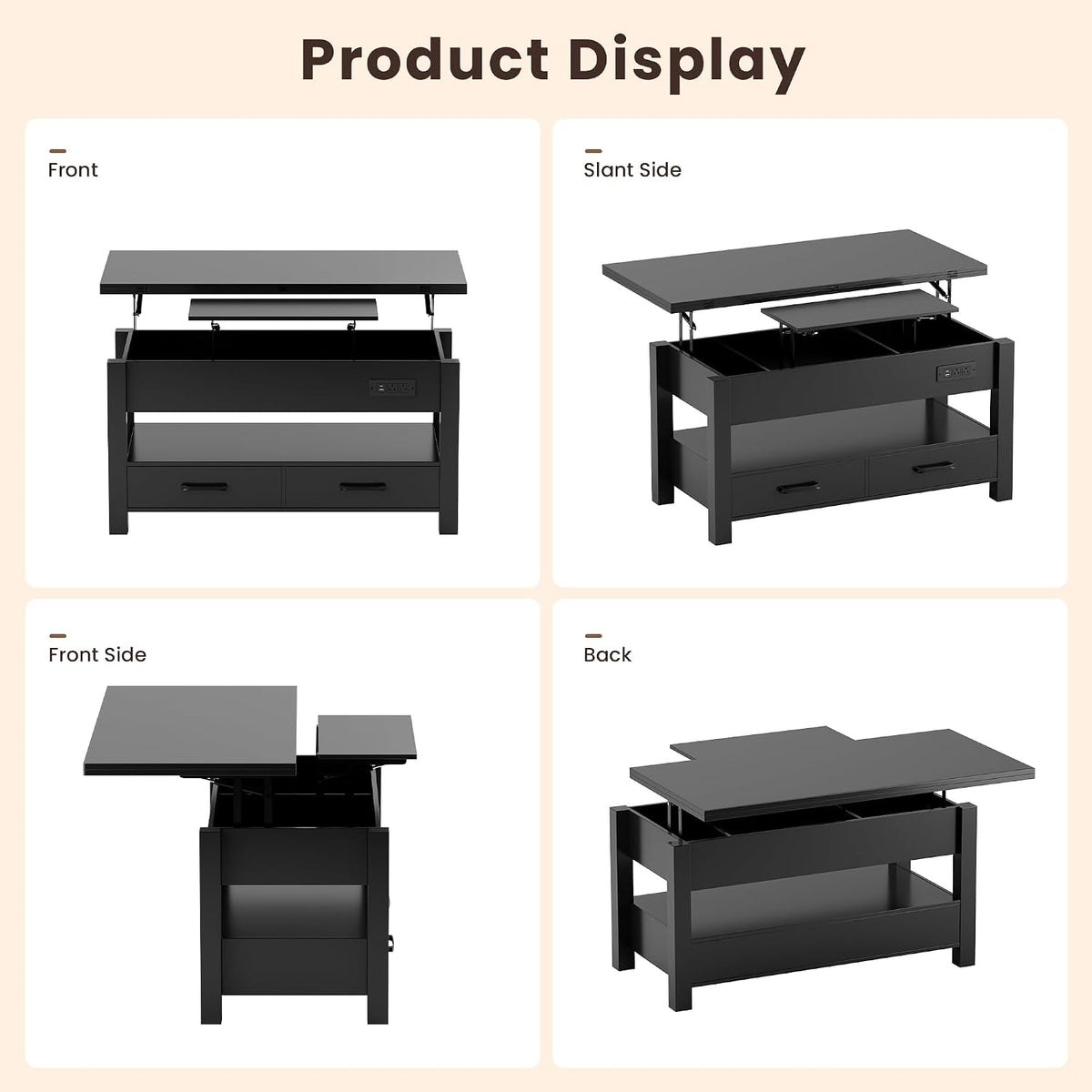 MALOL 40" Lift Top Coffee Table with Storage Drawers, Black