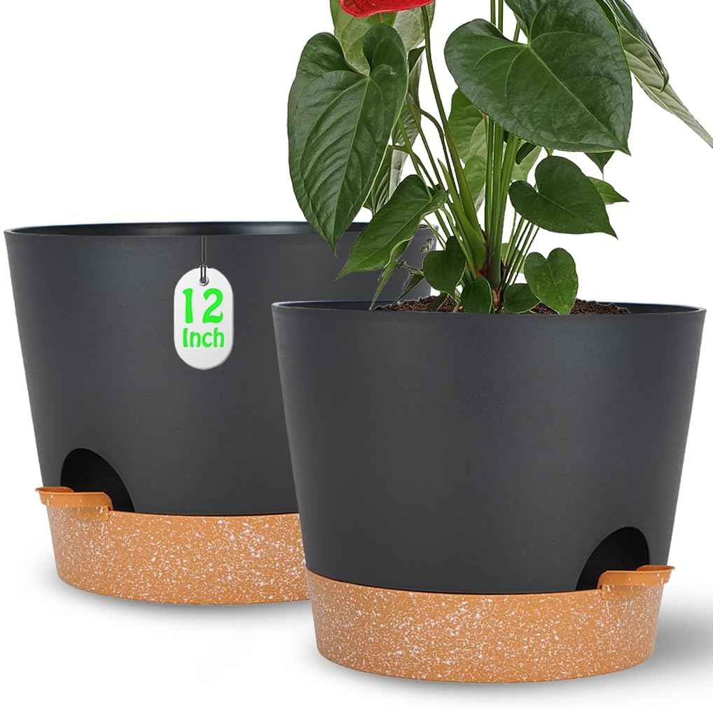 Plant Pots Self Watering Planters with Drainage Hole and Reservoir Large Flower Planting Pots for Indoor Outdoor Plants Plastic Succulent Pot Gift Idea 2 * 12Inch