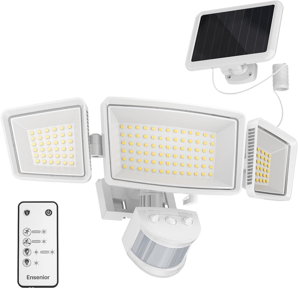 Ensenior 5 Motion Sensor Modes Solar Security Light, 1800LM 270Β° Wide Angle 3 Heads LED Flood Lights, IP65 Waterproof Wall Lights, Separate Solar Panel Remote Control Solar Lights Outdoor
