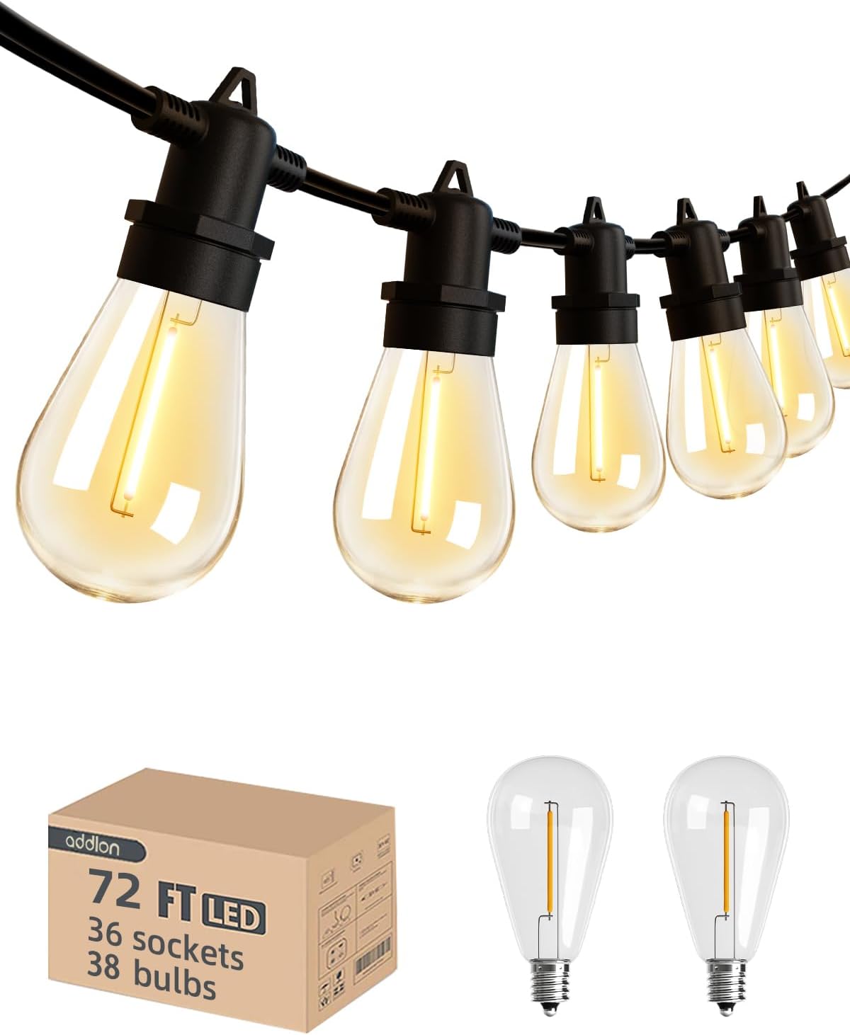 addlon 72FT(2FT Space) LED Outdoor String Lights with 36 Edison Shatterproof Bulbs, Heavy-Duty and Weatherproof Strand, Commercial Grade Patio Lights, Decorative for Patio, Black