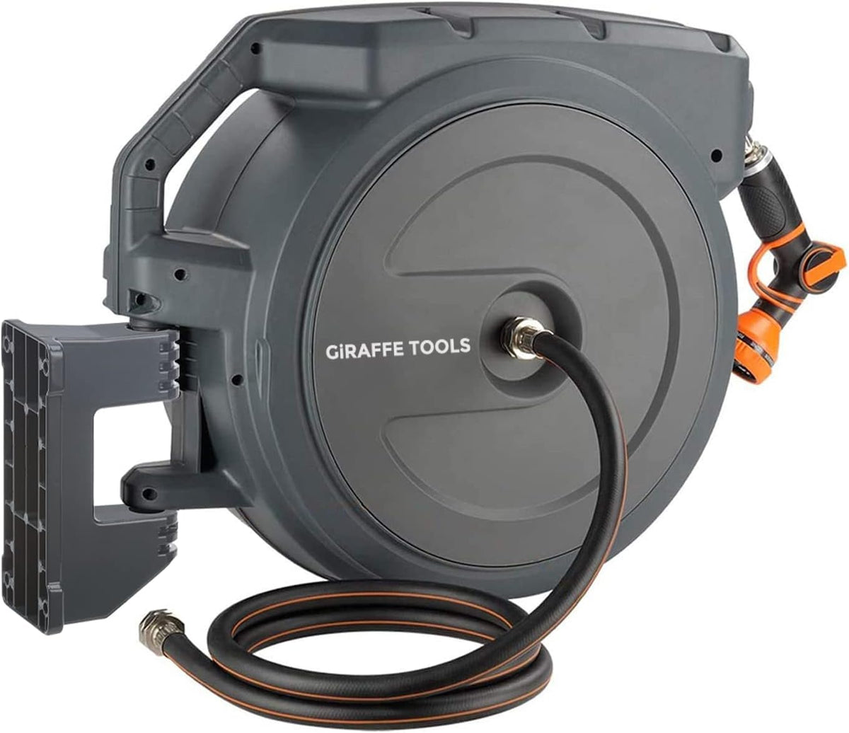 Giraffe Tools AW405/8MB Retractable Garden Hose Reel 5/8" x 90 ft PRO Metal Bracket, Heavy Duty, Any Length Lock Hose Reel, 90ft, Dark Grey