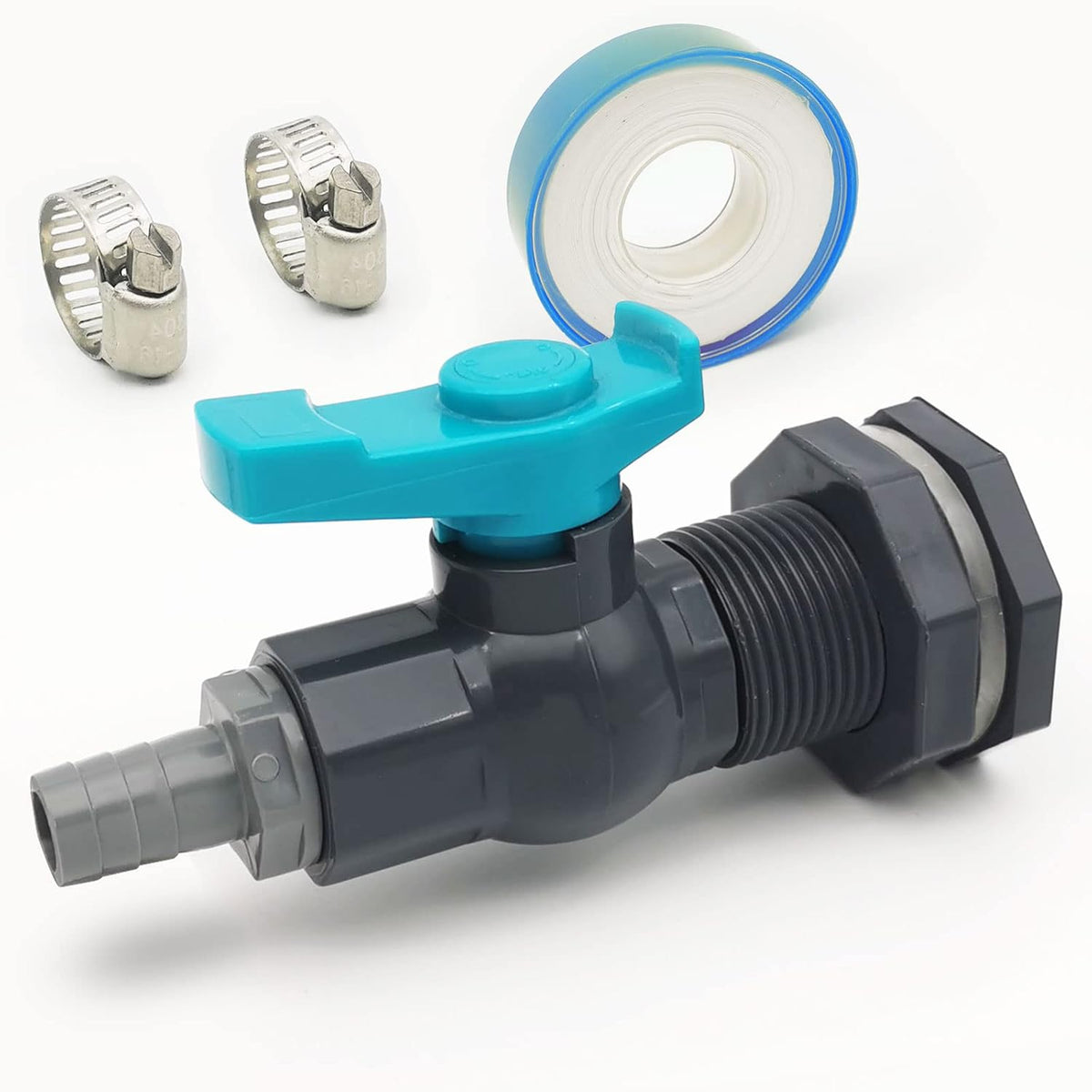Rain Barrel Spigot PVC Faucet Kit Water Barrel Diverter Kit with Bulkhead Fitting,Ball Valve,Garden Hose Barb(12.5mm) Adapter,Pipe Clamps,Thread Seal Tape(kit for 12.5mm ID Hose)