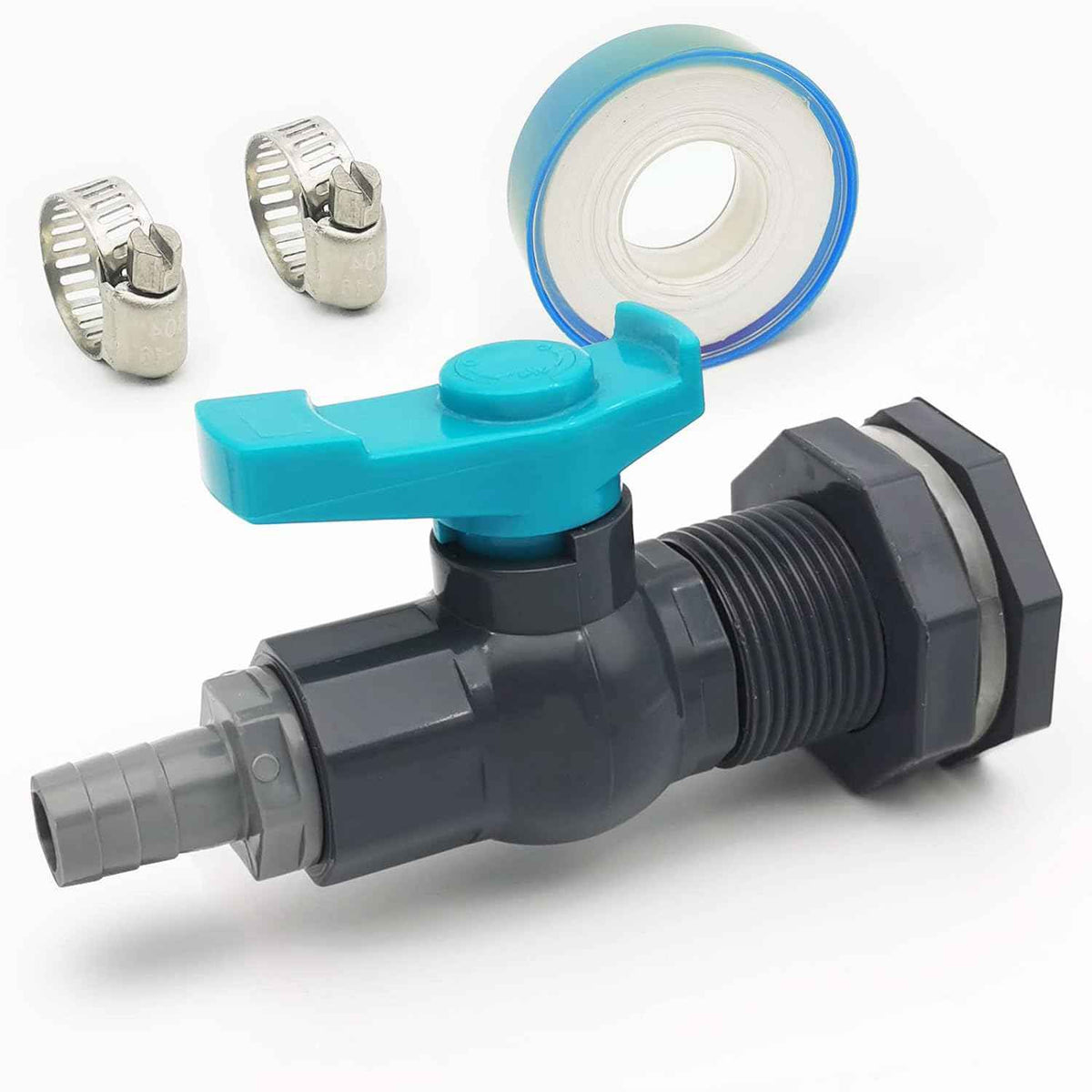 Rain Barrel Spigot PVC Faucet Kit Water Barrel Diverter Kit with Bulkhead Fitting,Ball Valve,Garden Hose Barb(16mm) Adapter,Pipe Clamps,Thread Seal Tape(kit for 16mm ID Hose)