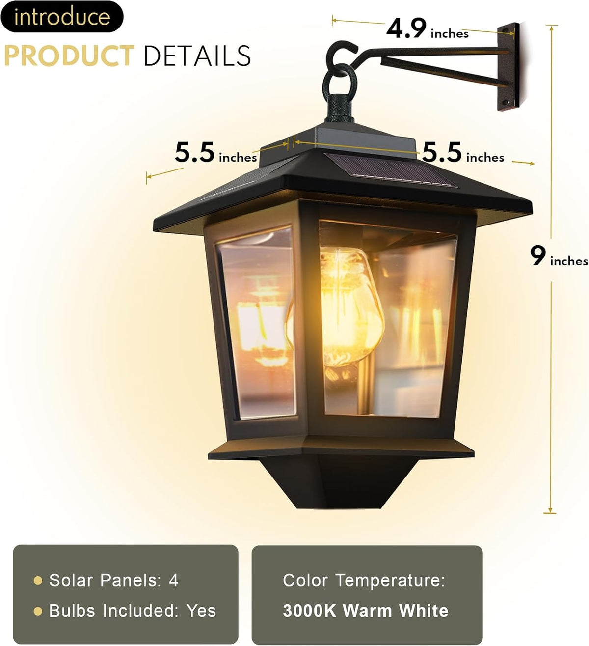 PASAMIC 2 Pack Solar Wall Lanterns,Outdoor Hanging Lights with 4 Solar Panels,Dusk to Dawn Led Outdoor Wall Sconce, Anti-Rust Waterproof Lanterns with Hooks,3000K Warm White
