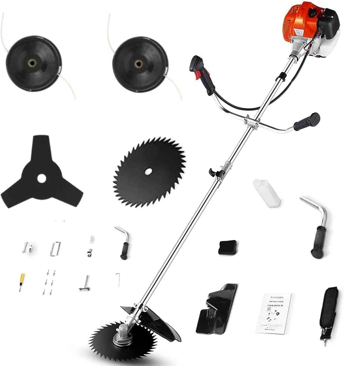 COOCHEER 4 in 1 Brush Cutter Gas Powered,58cc Weed Wacker Gas Powered, 2 Cycle Straight Shaft String Trimmer Grass Cutter Machine for Lawn and Garden Care Trimming, Orange