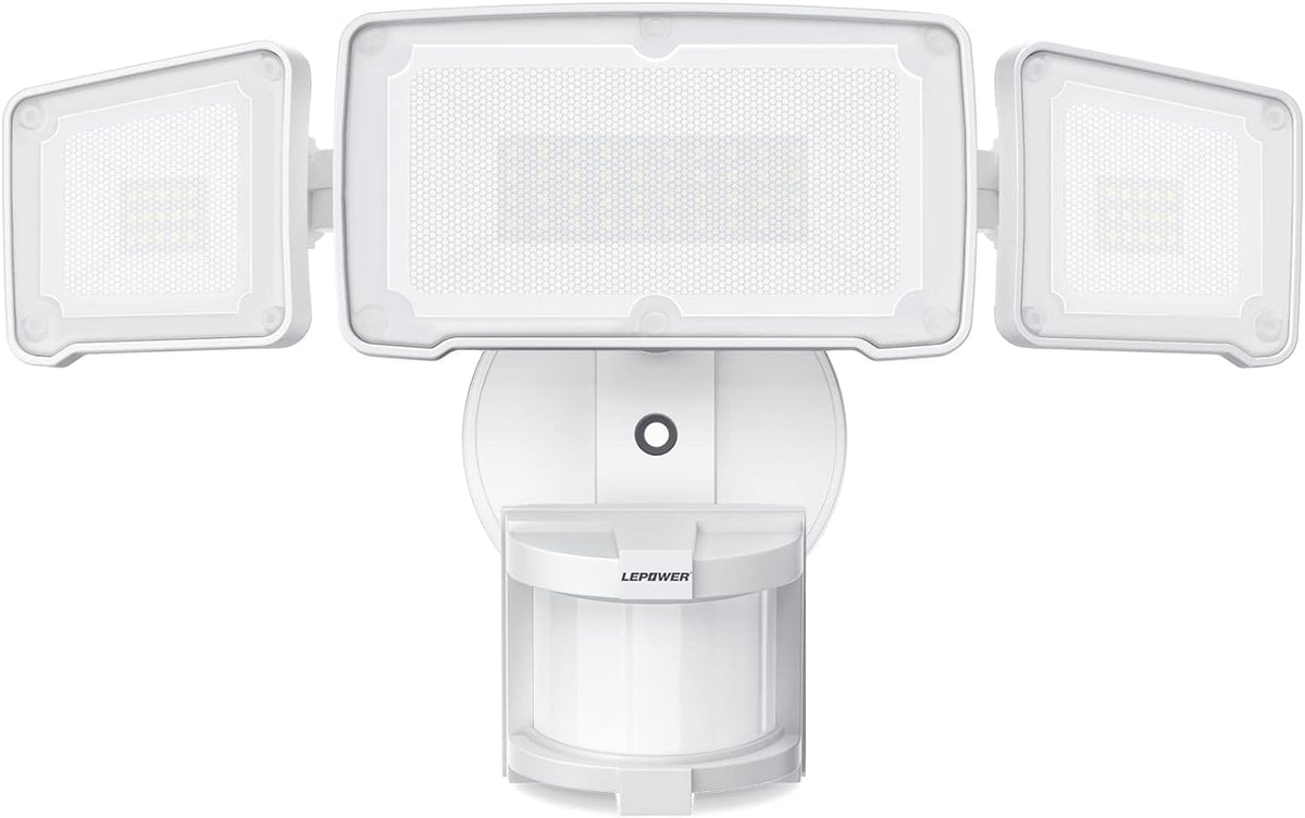 LEPOWER LED Security Lights Motion Sensor Light Outdoor, 38W 4200LM Light, 5500K, IP65 Waterproof, 3 Head Detected Flood Light for Garage, Yard, Porch (White)