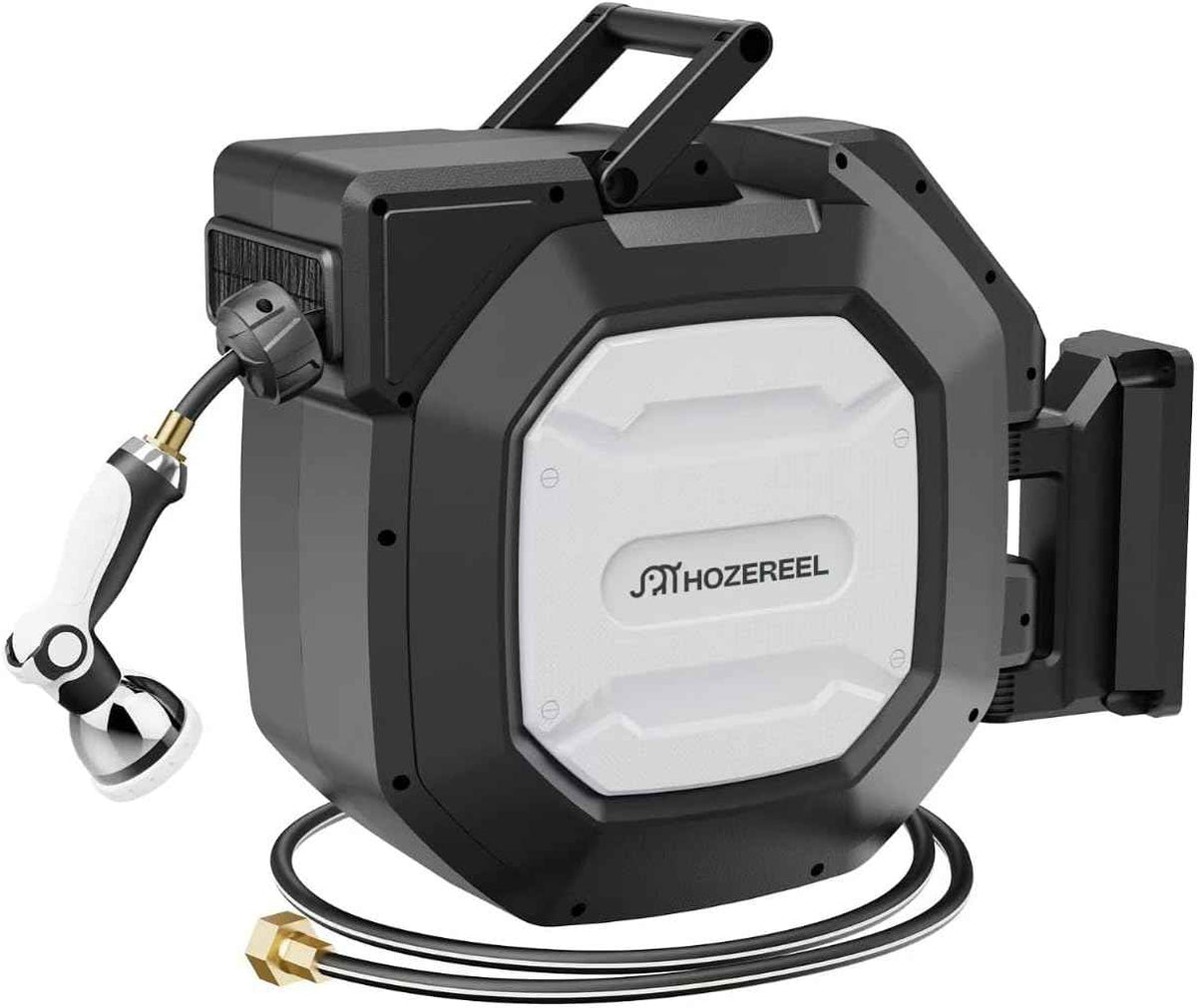 135 ft x 1/2" HOZEREEL Heavy Duty Retractable Garden Hose Reel, Garden Hose Reels Outdoor Organizer- Self Retracting Wall Mount Hose Reel Automatic Recoil Storage, Any Length Lock, 10 Pattern Nozzle