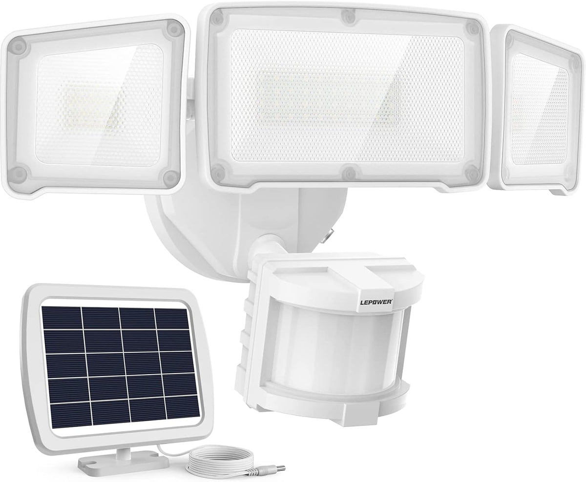 LEPOWER 1600LM LED Solar Security Lights Motion Outdoor, Motion Sensor Light, 5500K White Light, IP65 Waterproof Outdoor Flood Solar Light with 3 Adjustable Head for Yard, Garage(White)