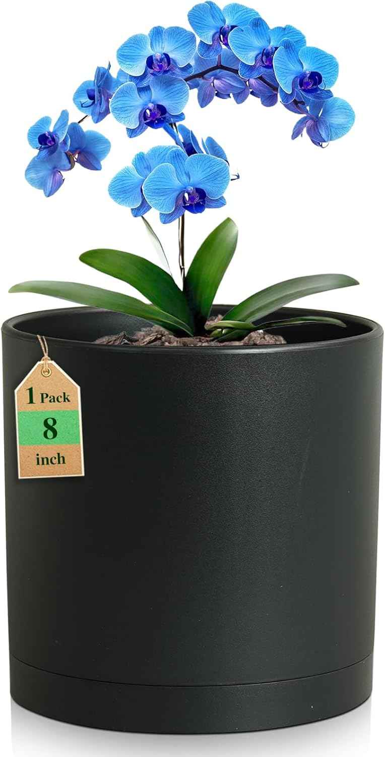 8 Inch Medium Plant Pots for Indoor Outdoor Plants, Cylinder Deep Flower Pots with Drainage Holes & Saucer, Decorative Plastic Planter Pots for Garden House Plants, Black