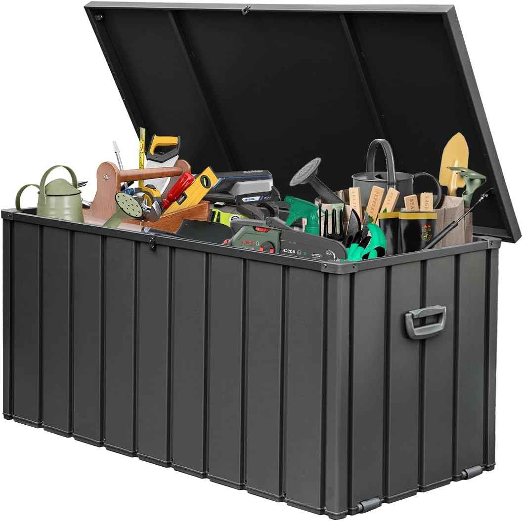 Domi 150-Gallon Outdoor Storage Box – Waterproof, Lockable Storage Cabinet for Patio Furniture, Garden Tools & Pool Supplies – Large Metal Storage for Cushions, Toys & More