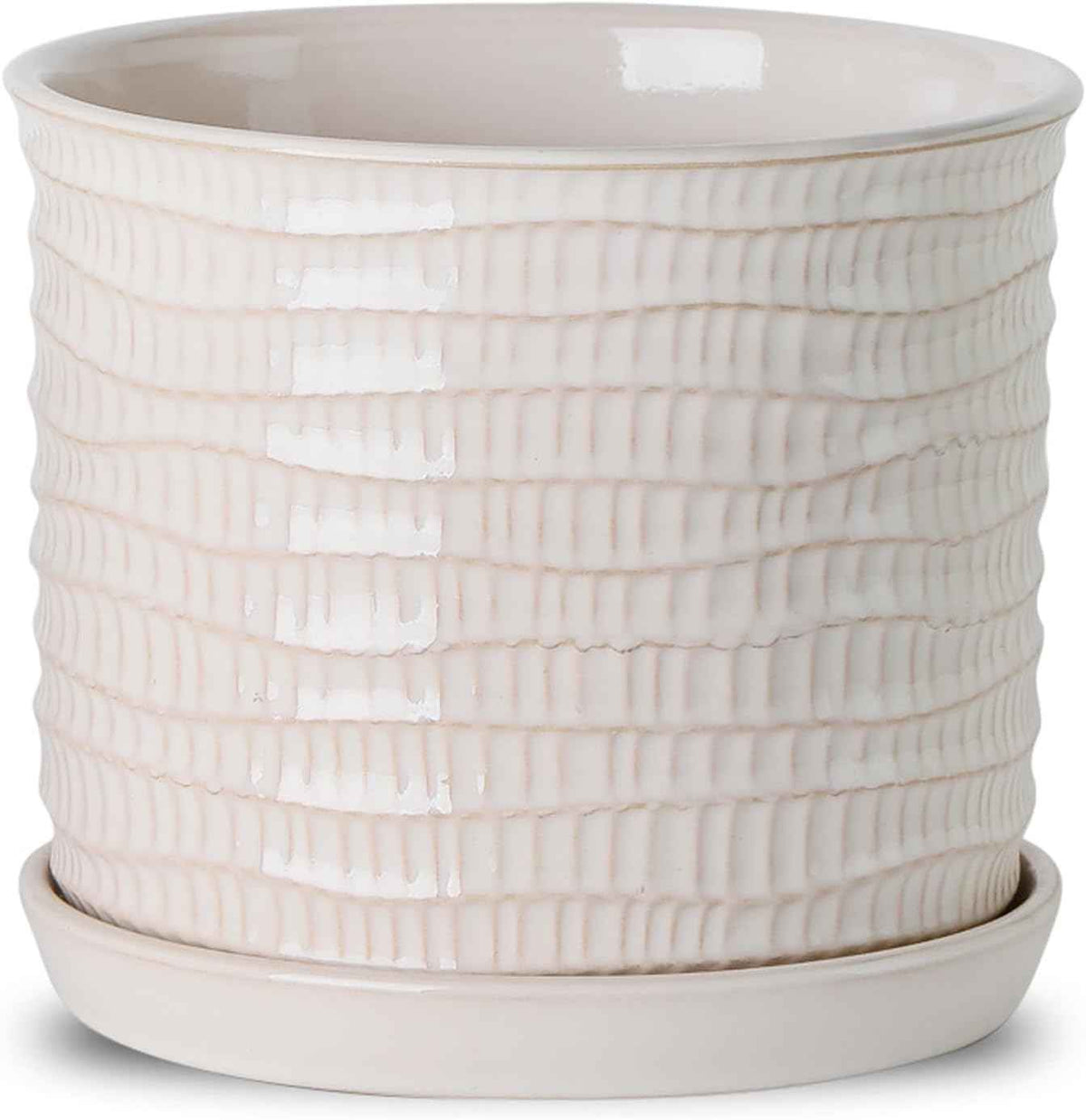 8 Inch Plant Pot: Ceramic Planter with Drainage Hole & Saucer for Indoor Outdoor Plants - Flowerpot with Bonded Tray for Home Office - Wave Embossed