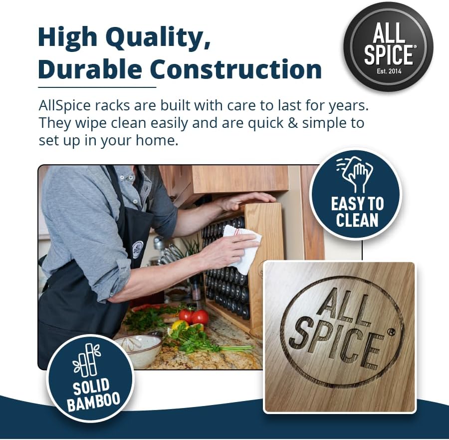 Spice Rack Organizer, Wood, 525 Unique Labels, Countertop or Wall Mount, Includes 60 4oz Jars- Bamboo - Field & Nook