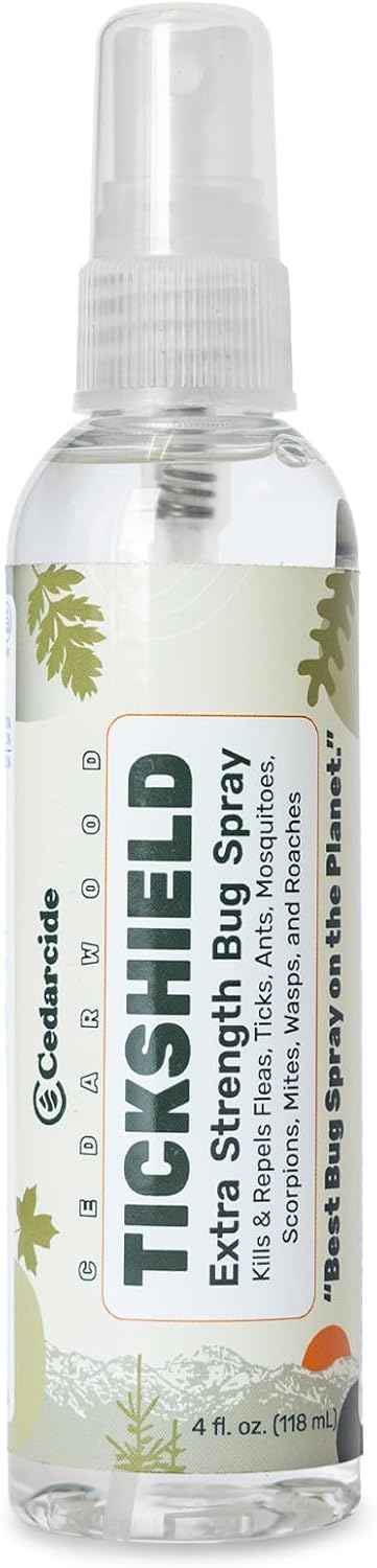 Cedarcide Extra- Strength Tickshield | Deep Woods Cedar Oil Tick & Mosquito Repellent Spray Kills & Repels Ticks, Fleas, Chiggers and Mosquitoes| For People & Pets | Natural Essential Oils | 4 Oz