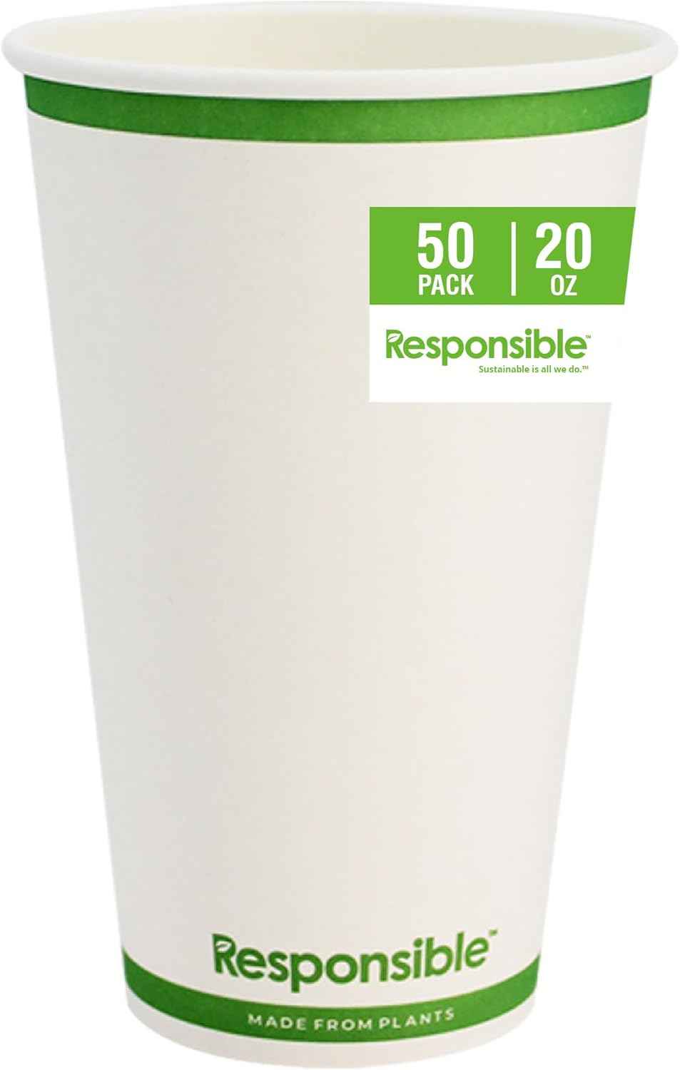 Certified Compostable 20 oz Paper Cups, Cold & Hot Coffee Cups, Disposable Paper Cups, Extra Strength Disposable Cups, Made without PFAS (50 count)