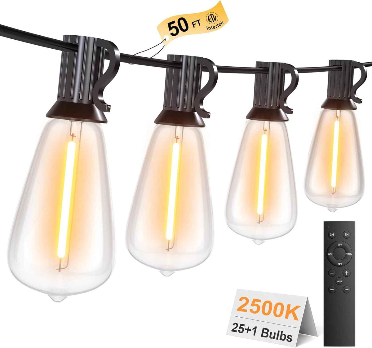 50FT Outdoor String Lights with Remote, Garden Patio Decor with 2500K Warm White, 25+1 LED Edison Bulbs, Support Timer Dimmable Waterproof Shatterproof for Yard Outside Porch Deck Indoor