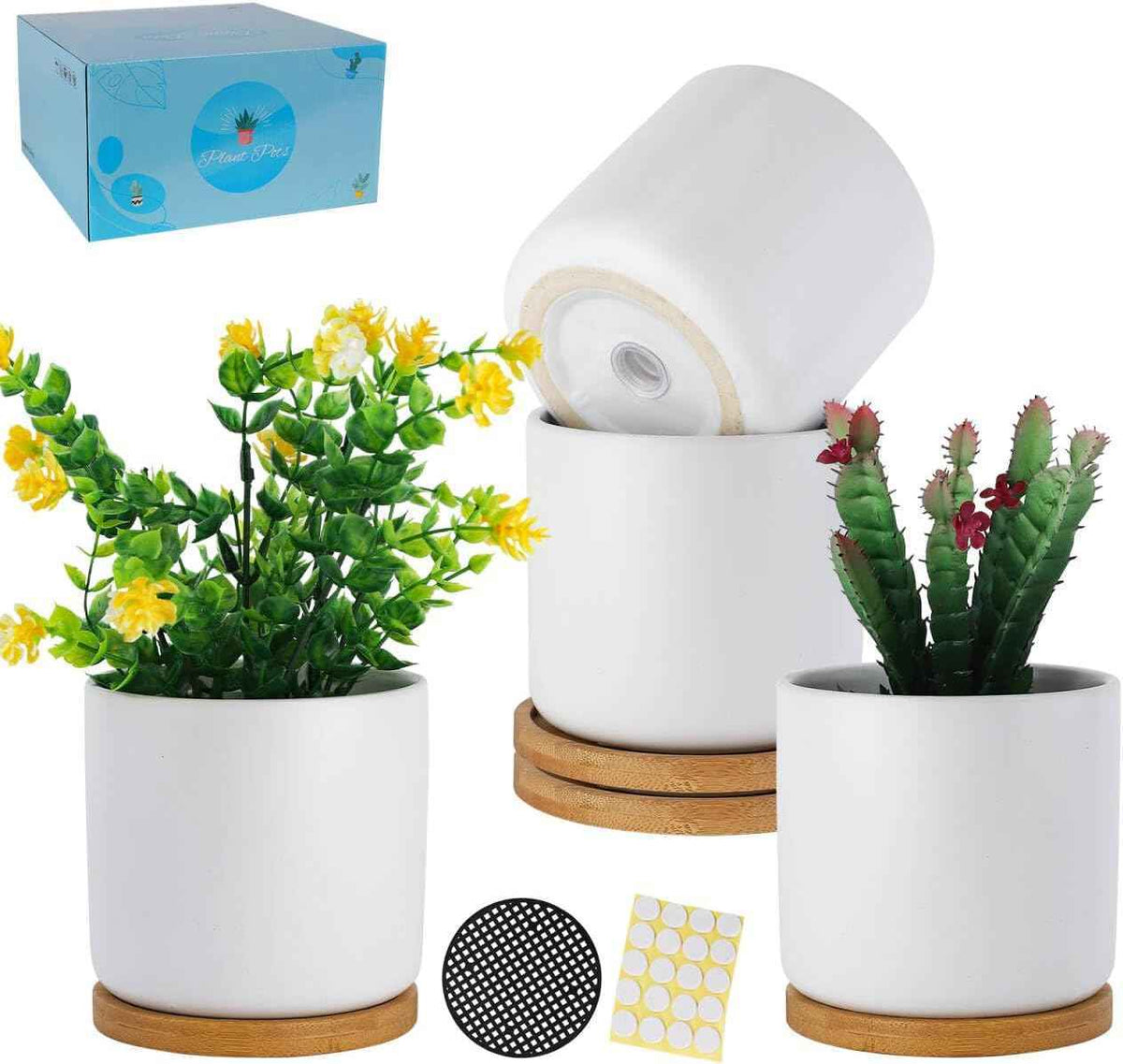 4 Inch White Ceramic Plant Pots with Drainage Holes, Adorable Flower Planter Pot with Tray for Indoor Succulent Plants, Snake Plants, Cactus & Herbs, Set of 4 (Plant Not Included)