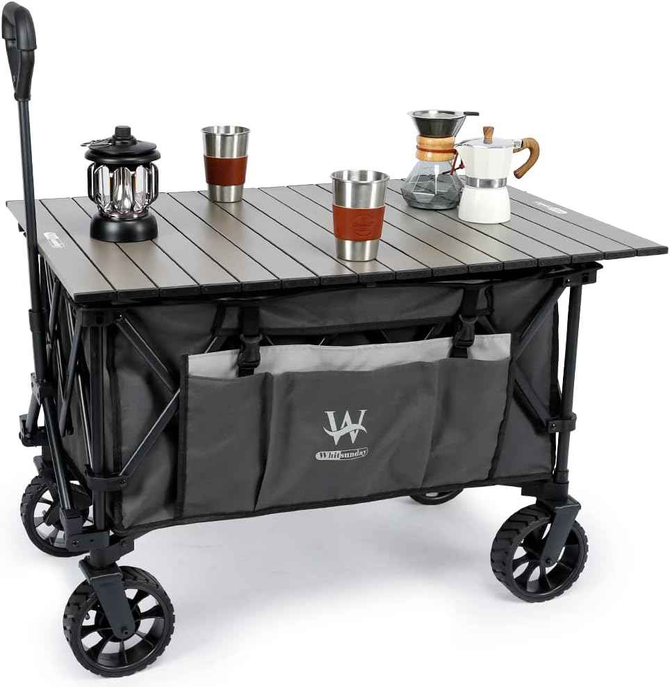 Whitsunday Folding Collapsible Utility Wagon, 400Lbs Heavy Duty Outdoor Park Beach Wagon with Table and Side Pocket for Garden Camping Sports Shopping Grey