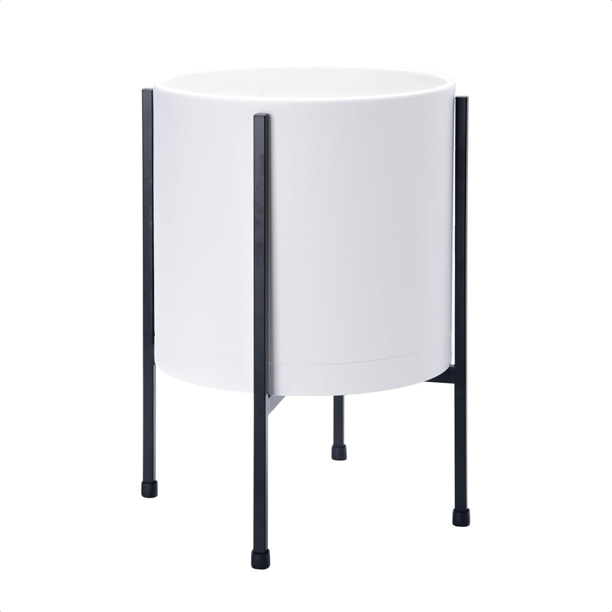 D'vine Dev 10 Inch White Planter Pot with Stand – Modern Plastic Cylinder Flower Pot with Heavy-Duty Metal Stand for Indoor Plants, 55-D-A-2