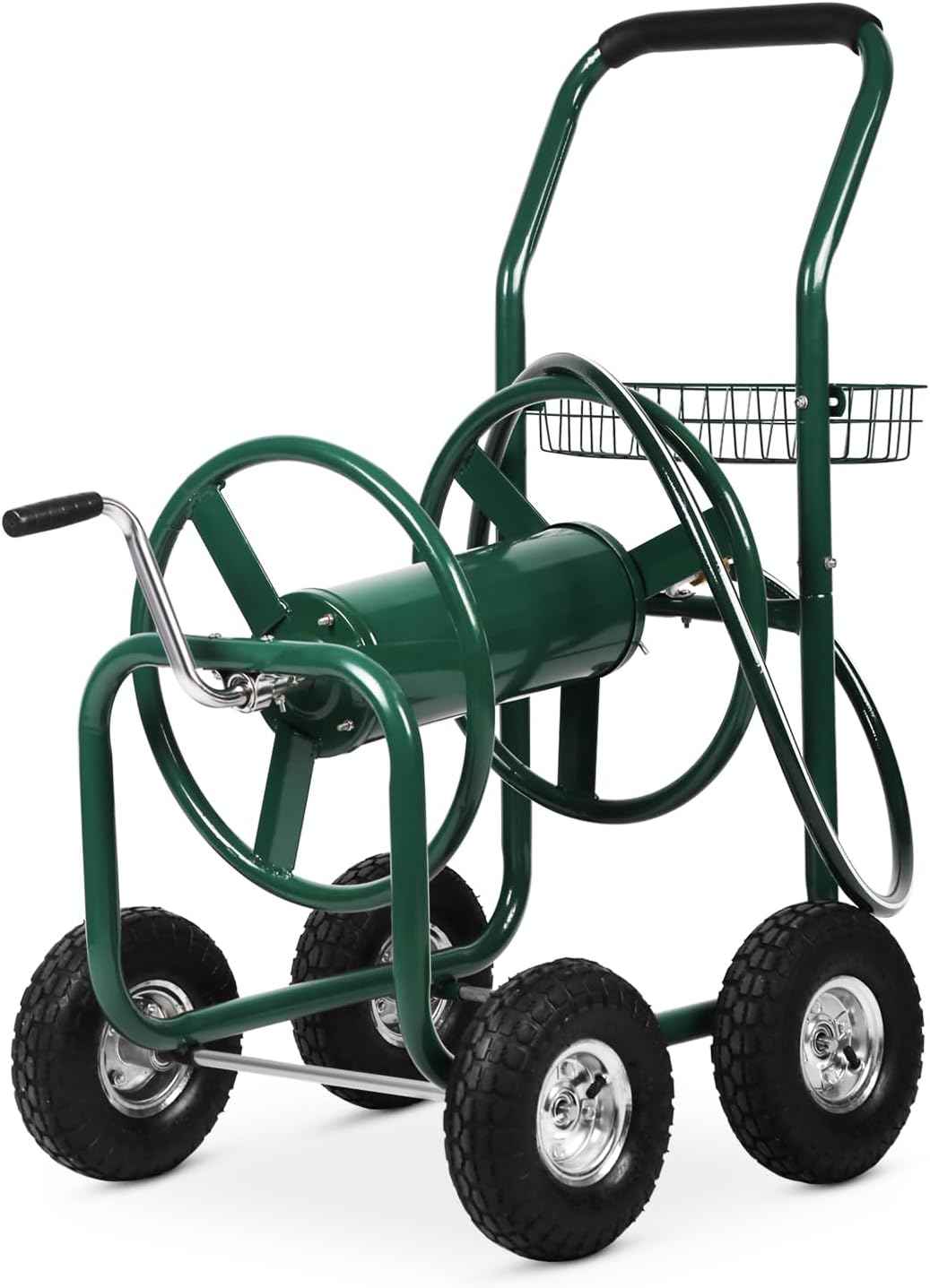 Hose Reel Cart, Hold Up to 300 ft of 5/8’’ Hose, Heavy Duty Garden Water Cart with 4 Wheels, Powder-coated Steel Outdoor Planting with Storage Basket for Garden, Lawn, Yard, Green