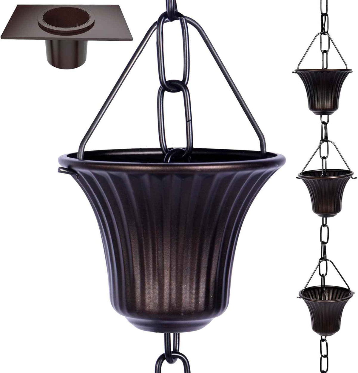 Rain Chain Set 8.5 Ft,Not Rust Wrought Iron Rain Chains for Gutters with Adapter Gotta Drain and Anchoring Stake, 14 Cups, 1 Hook, Adjustable Length for Garden Decorative (Coffee)