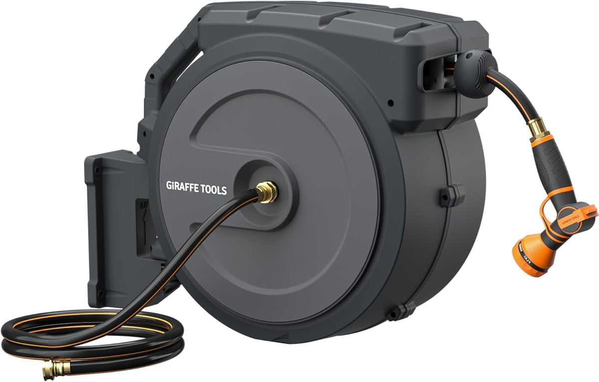 Giraffe Tools Retractable Garden Hose Reel 5/8 inch x 90 ft Hose Reels for Outside, Wall Mounted Water Hose Reel with 180 Deg Swivel Bracket, Any Length Lock, 9 Pattern Hose Nozzle