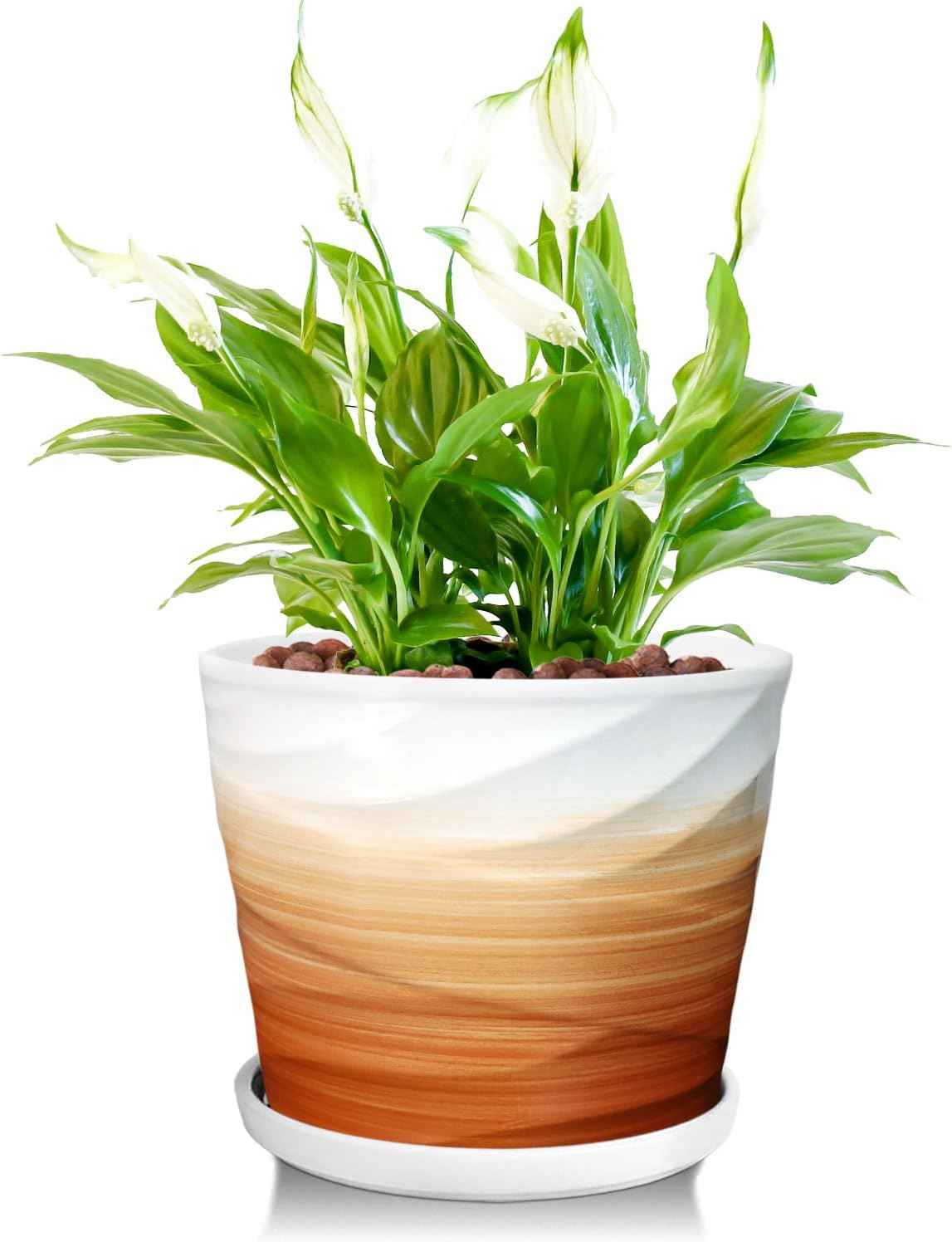 8 Inch Plant Pot, Ceramic Planter with Drainage and Saucer, Ceramic Pots for Plants, Indoor Plant pots, Flower pots,Modern Planter(Khaki + White)