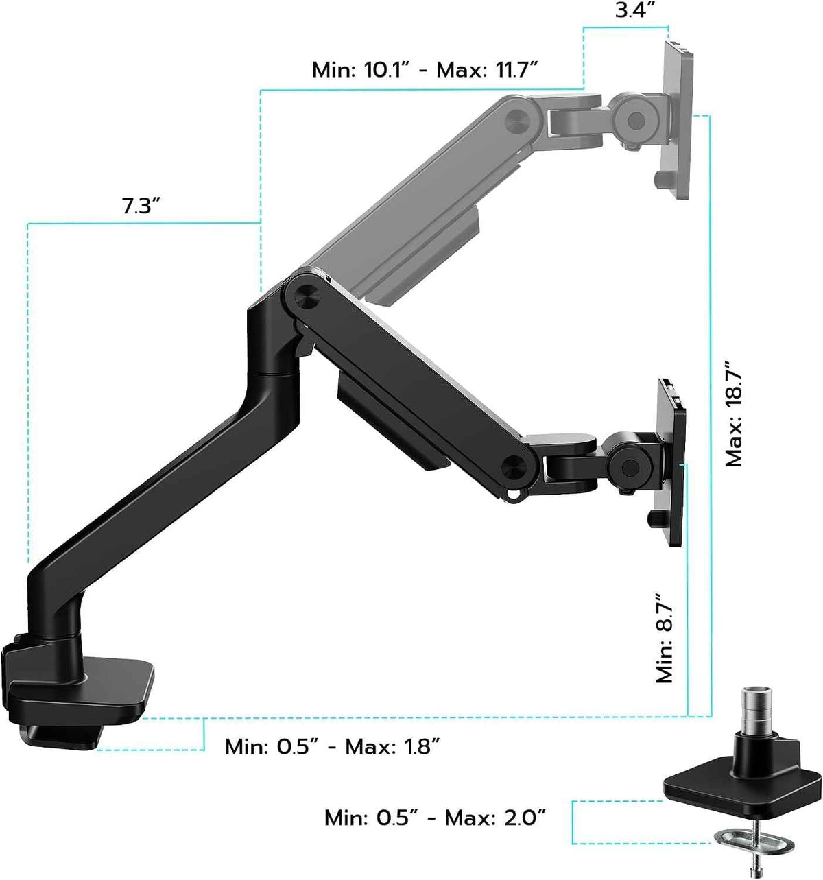 ARES WING Ultrawide Monitor Desk Arm for 17 to 49 Inch Screen, Holds 44 Lbs | Pro Gas Spring, Full Range of Motion, for 75/100 Vesa Mount, for Samsung, LG Curved/Flat Monitor, with C Clamp, Grommet Base