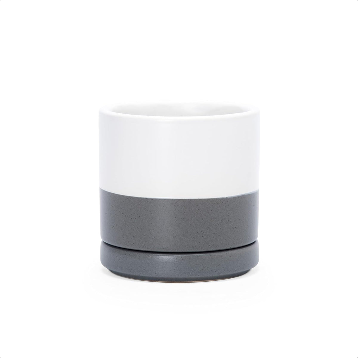 D'vine Dev 3.5 Inch Ceramic Planter Pot with Drainage Hole and Saucer, Indoor Cylinder Round Planter Pot, White/Speckled Grey, 94-O-A-6