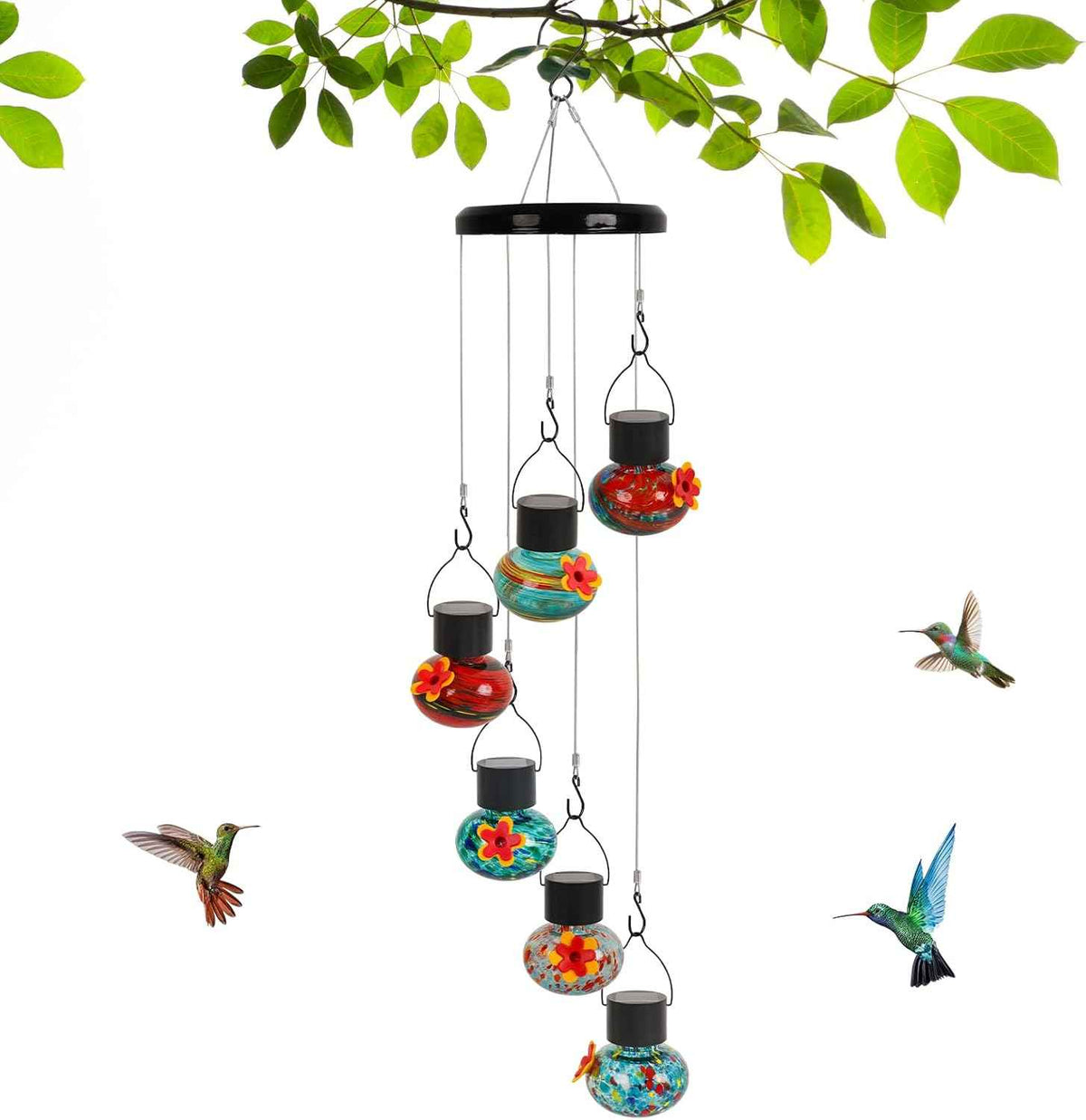 Solar-Powered Hummingbird Feeder with Wind Chime Elegance – 6 Leak-Proof Glass Ports, Frosted Design & Multicolor Night Lights – Perfect Outdoor Gift for Nature Enthusiasts
