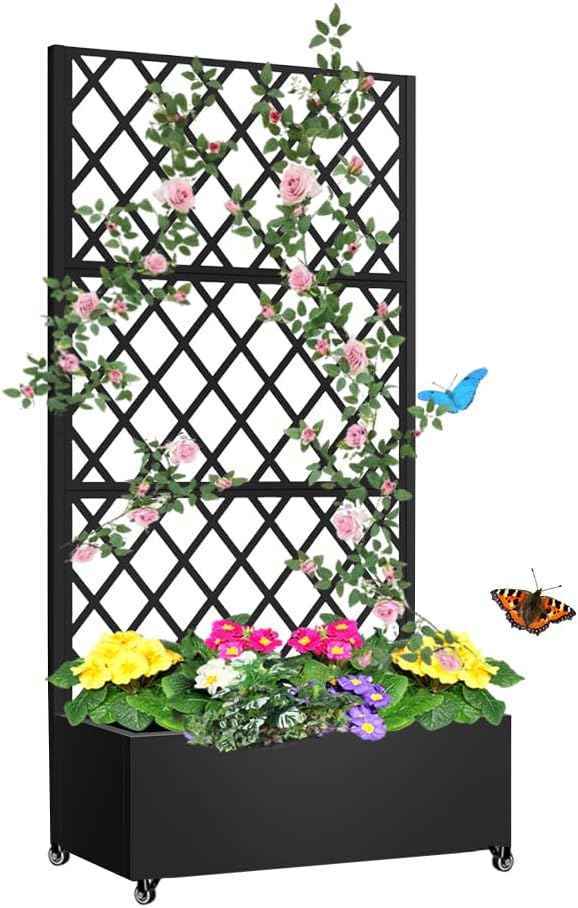 Metal Planter Box with Privacy Screen Trellis,Galvanized Raised Garden Bed On Wheels for Climbing Plants Vines, Standing Garden Flower Bed with Drainage Holes (Black, 35" L x16 W x 73" H)