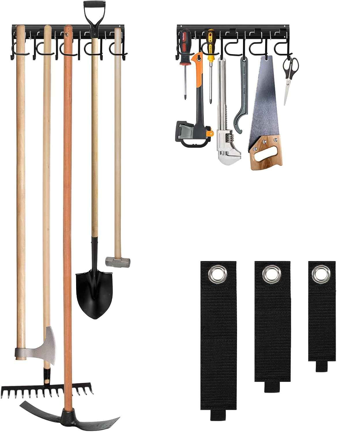 LEYU Metal Garage Tool Organizer Wall Mount, 2 Pack Garden Tool Organizer With Extension Cord Straps, Garage Organization Hooks and Hangers for Shed, Yard Storage, Wall Holder for Hanging Broom Mop