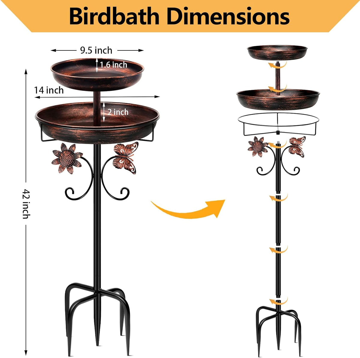 Daoeny Bird Bath for Outside, 42In Vintage Freestanding Birdbaths for Outdoors, Double Metal Bird Bath Feeder Bowls for Garden Patio Yard Lawn Decor, Upgraded 5-Pronged Base (Antique Bronze)