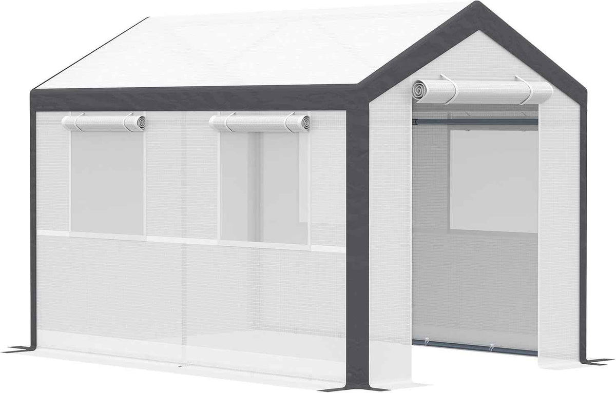 Outsunny 10' x 7' x 7' Greenhouse, Walk-in Outdoor Tunnel Green House with PE Cover, Steel Frame, 2 Roll-Up Zipper Doors & 4 Windows for Flowers, Vegetables, Tropical Plants, White