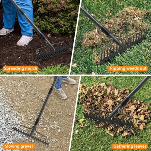 Garden Rake, 60 Inch Long Handle with 17 Tongs, Heavy Duty Metal Bow Rake for Loosening Leveling Soil, Garden Leaf Rake for Raking Leaves Grass , Weeding, Yard Thatch Lawn Care Garden Tool