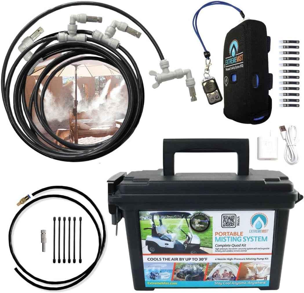 Professional Grade Portable Misting System - 4 Mist Nozzles | Pump | Easy to Setup | 16 ft. Mist Line for Outdoor Patios, Golf Carts, Greenhouses, Canopy and Decks - Cools The air up to 30Β°F (17Β°C)!