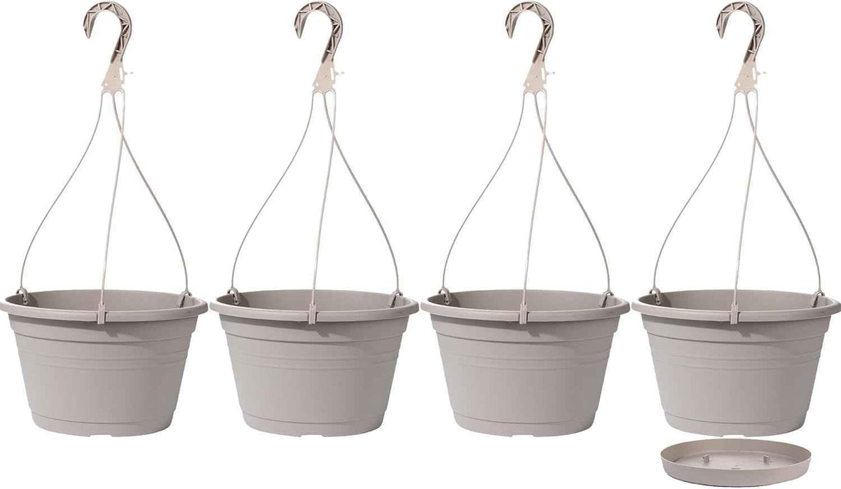 4 Pcs Hanging Planters,10" Hanging Pots Plastic Hanging Flower Plant Basket with Drainage Trays & Chain Holder for Outdoor Indoor Plants Garden Balcony Decoration, Light Gray